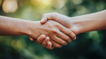 Two hands shake warmly, symbolizing agreement, trust, and connection against a blurred natural background.