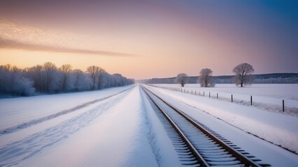 Obraz premium Snow-covered railway tracks stretching into the horizon at sunrise in a rural winter landscape 