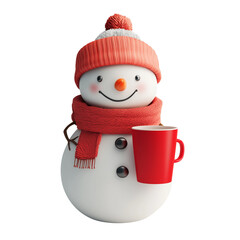 Adorable 3D Snowman with Red Coffee Cup and White Scarf, Transparent Background 