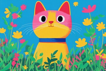 Obraz premium In a cheerful garden filled with vibrant flowers, a playful yellow cat with pink markings gazes curiously at its surroundings, exuding a sense of joy and wonder