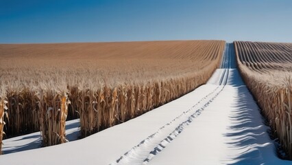 Obraz premium Snow-covered path through cornfields in a rural winter landscape 