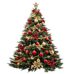 Holiday Christmas Tree with Red and Gold Decorations and Presents, Transparent Background
