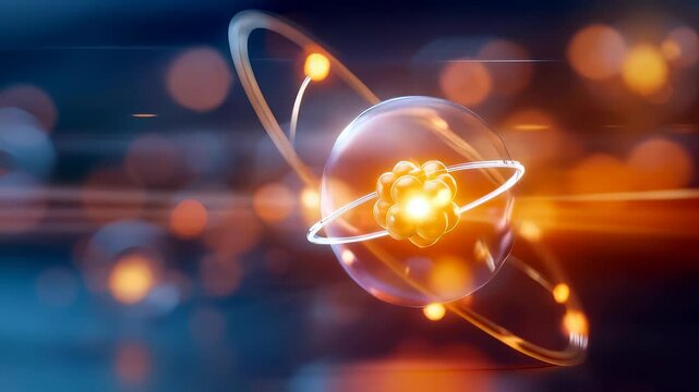 Vibrant and dynamic representation of atom, showcasing its nucleus and orbiting electrons, with glowing elements symbolizing energy and fundamental building blocks of molecular physics and chemistry.