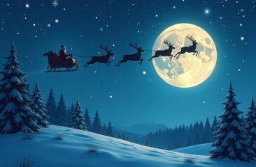 Santa Claus flying over a snowy landscape with reindeer under a full moon during Christmas night