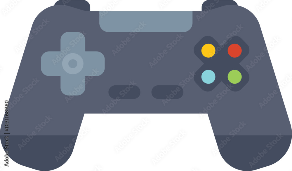 Poster black gamepad controller with colorful buttons is isolated on a white background