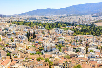 A city with many buildings and trees