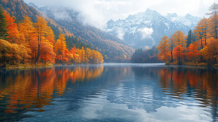 Obraz premium Lake by the mountains with fall scenery