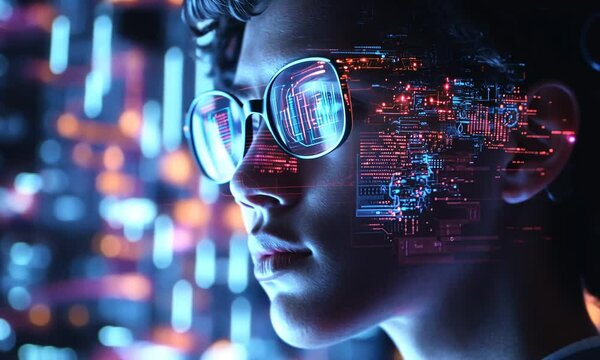 Young programmer with digital overlay