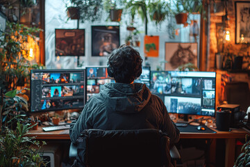 Fototapeta premium A freelancer managing multiple clients from a home office, showcasing the rise of freelance and gig work. Concept of freelance work.