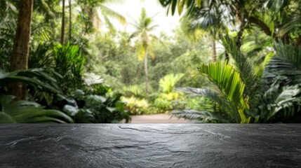 Fototapeta premium Stone board empty table in front of blurred background. serene jungle scene with lush greenery and misty backgrounds, providing a tranquil and natural atmosphere.