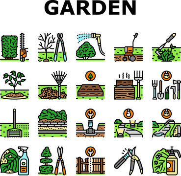 garden maintenance mulching icons set vector. pruning mulching, fertilizing watering, mowing edging, planting trimming, aerating garden maintenance mulching color line illustrations