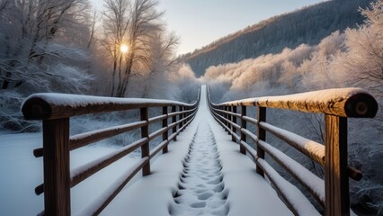 Fototapeta premium Snow-covered wooden bridge over a river in a frosty rural winter landscape 