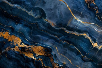Photo of Navy blue dark marble pattern with golden veins. Background texture for backdrops or mapping