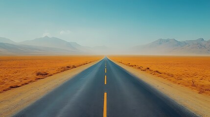 Naklejka premium A long, straight asphalt road stretches into the distance, disappearing into the horizon. The road is lined by dry, golden desert grass and mountains in the background.