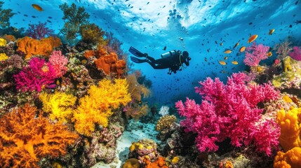 A scuba diver explores a vibrant coral reef teeming with colorful fish.