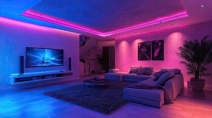 Modern living room with LED lights. Perfect for showcasing home decor, ambiance, and technology.