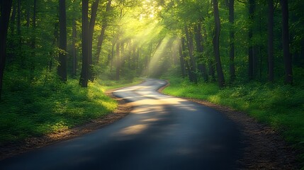 Obraz premium A winding asphalt road through a lush green forest, bathed in the golden rays of the morning sun.