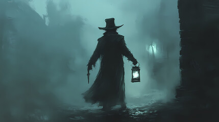 Naklejka premium Mysterious figure in a long coat and hat, holding a lantern, stands in a foggy, dark setting. Shadowy Specter. Illustration