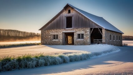 Stone barn in a snowy rural winter landscape during sunrise	
