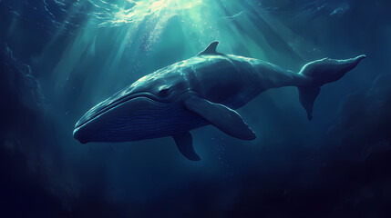 Obraz premium Large blue whale swimming gracefully upwards toward the light in the dark depths of the ocean. Sea Leviathan. Illustration