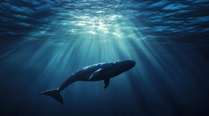 Obraz premium Large blue whale swimming gracefully upwards toward the light in the dark depths of the ocean. Sea Leviathan. Illustration