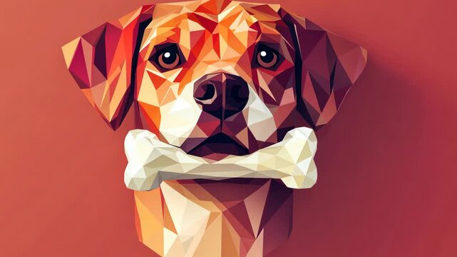 A geometric dog head with large, dark eyes holds a white bone in its mouth
