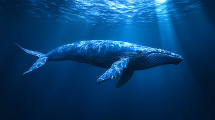 Obraz premium Large blue whale swimming gracefully upwards toward the light in the dark depths of the ocean. Sea Leviathan. Illustration