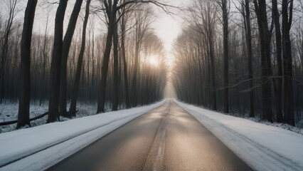 Empty road through a snowy forest at sunrise in winter
