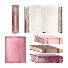 Pile of pink hardcover old books, book spine, front, open book watercolor set isolated on white. Hand painted art perfect for stationary, bookstore, reading theme, book club labels, logo design