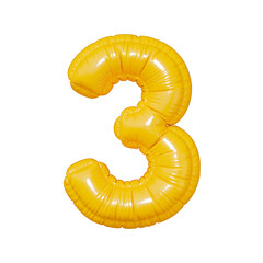 3. Number three in the shape of a balloon, isolated on a transparent background. An inflatable balloon of bright yellow color with a glossy texture.