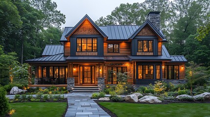 A modern farmhouse style home with a stone walkway leading to the front door. The house is illuminated by warm lights and surrounded by trees.