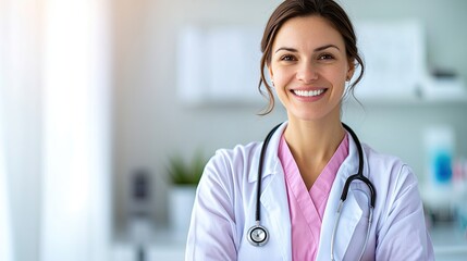 A smiling female doctor in a white coat with a stethoscope, exuding professionalism and warmth in a medical office setting.