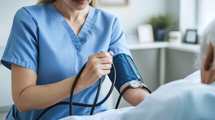 A healthcare professional measures a patient's blood pressure, showcasing attentive care in a clinical environment.