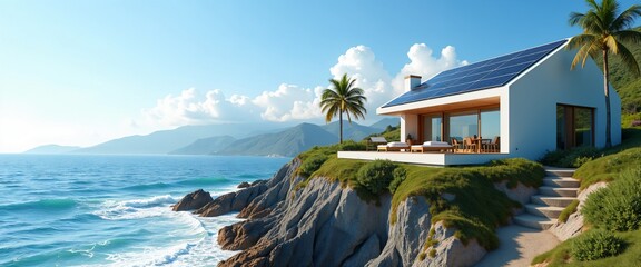Fototapeta premium Elegant seaside villa powered by solar panels on the roof, using clean energy with waves gently lapping nearby, clear blue skies above