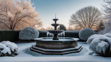 Naklejka premium A charming Rural winter landscape captures a frozen fountain in a snow-dusted garden, with frosty trees and bushes framing the peaceful setting. The bright winter sun shines through, adding warmth to 