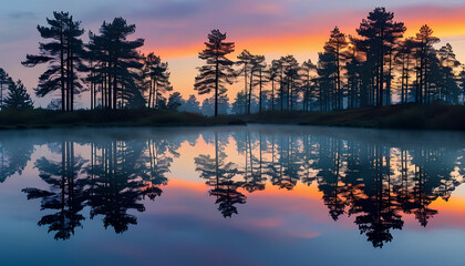 Fototapeta premium At dawn, a calm lake mirrors the towering pine trees and gentle pastel shades of the early morning sky.