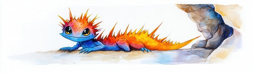 Small, creepy monster, sharp spines, murky cave, watercolor style