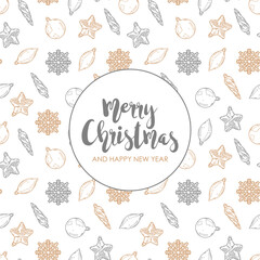 Merry Christmas and Happy New year retro banner template, greeting card. Vector background with christmas fir tree  decorations. Star, ball, icicle, snowflake