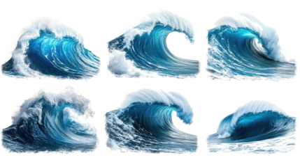 Massive Blue Ocean Waves Crashing Against the Shoreline at Sunset Generative AI