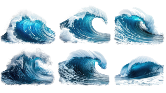 Massive Blue Ocean Waves Crashing Against the Shoreline at Sunset Generative AI