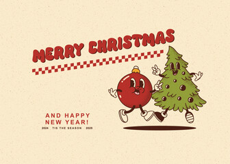 Merry Christmas and Happy New year smiling christmas tree, decorations toy in retro cartoon style © Meranna