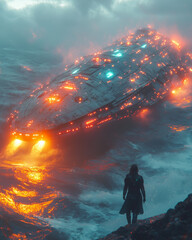 Futuristic Spaceship in Stormy Ocean with Lone Figure on Shore