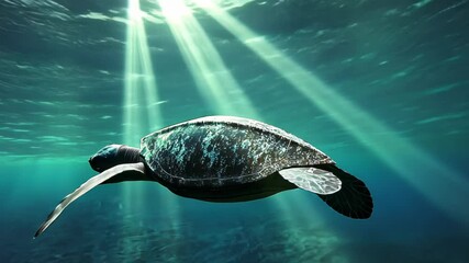 A serene underwater scene featuring a turtle swimming gracefully through sunlit waters.