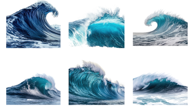 Massive Blue Ocean Waves Crashing Dynamically on a White Background Generative AI