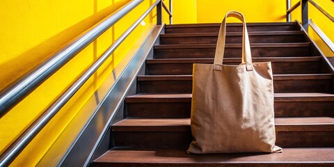 Bolsa de tela en escaleras. Minimalista.