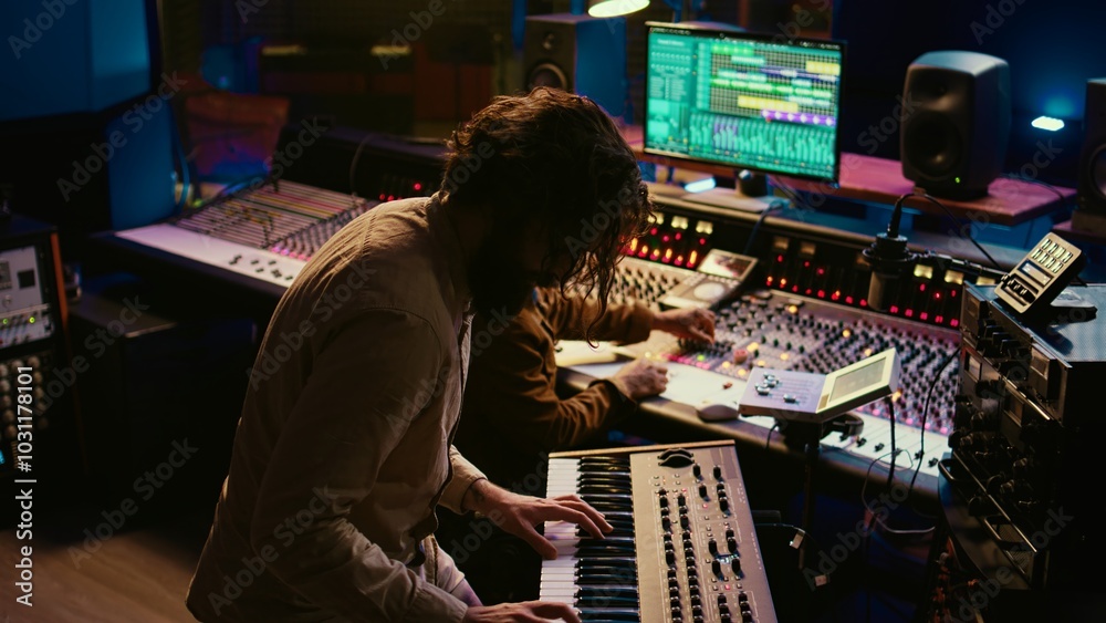 Poster skilled musician performing in control room at studio and recording tracks for new album, working wi