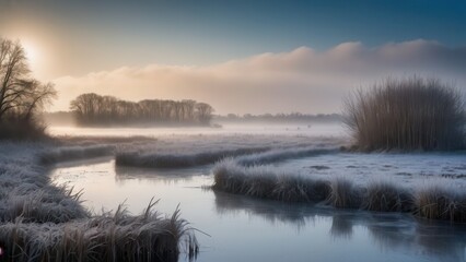 A peaceful Rural winter landscape captures a misty sunrise over a frozen marsh, where frosted grasses rise from the still water. The soft winter light creates a calm and serene atmosphere in this quie