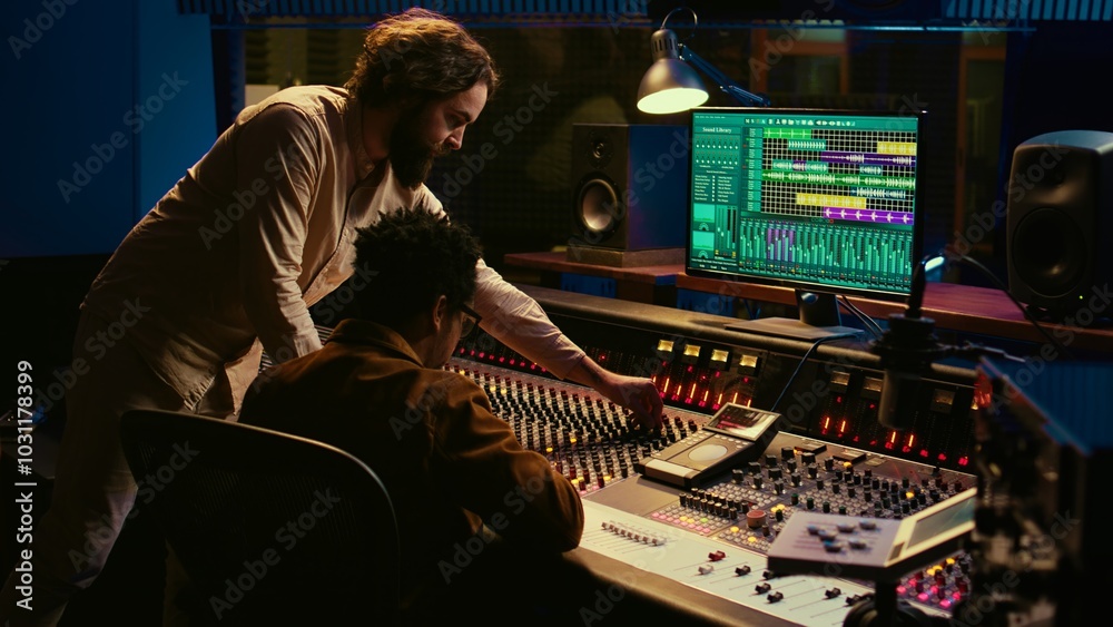 Poster Diverse team of musician and audio technician creating a hit song, working in professional music studio. Artist with producer editing and recording tracks on mixing console panel. Camera B.