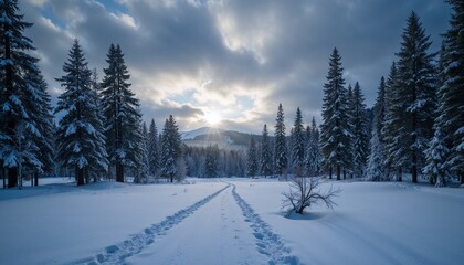 Scenic winter landscape with snowy trees and a pathway leading towards a mountain under dramatic clouds