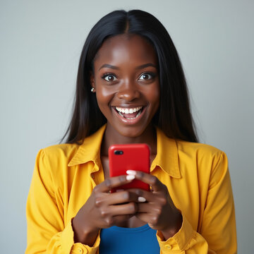 Mulher jovem bonita negra com celular na m&atilde;o surpresa 2